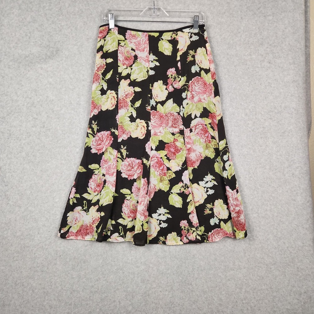 Drama Skirt Womens 10 Black Pink Floral‎ Lined Flare Midi Zipper Vintage Style